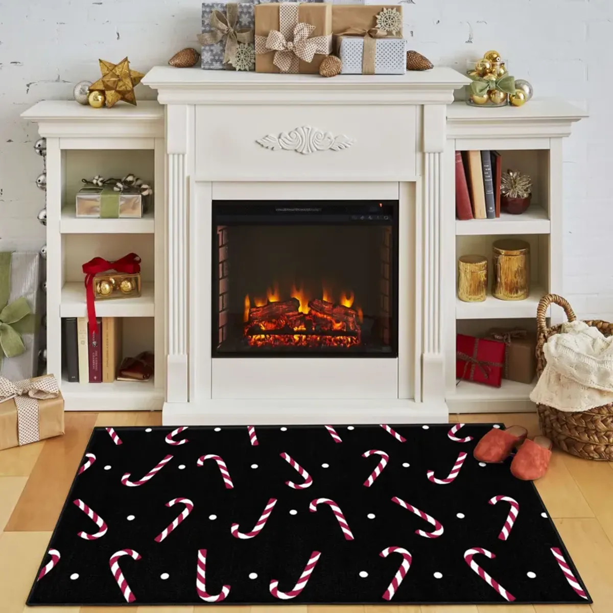 Candy Canes Black 2' x 3' 4" Kitchen Mat