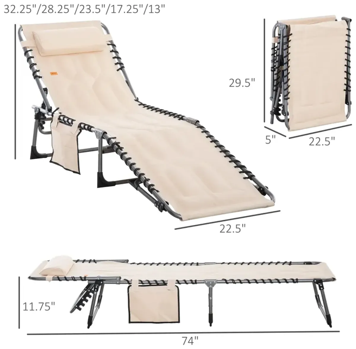 Beige Patio Recliner: Folding Padded Chair, 5-Position Backrest, Pillow, Pocket for Beach