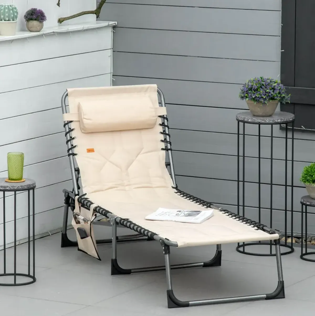 Beige Patio Recliner: Folding Padded Chair, 5-Position Backrest, Pillow, Pocket for Beach