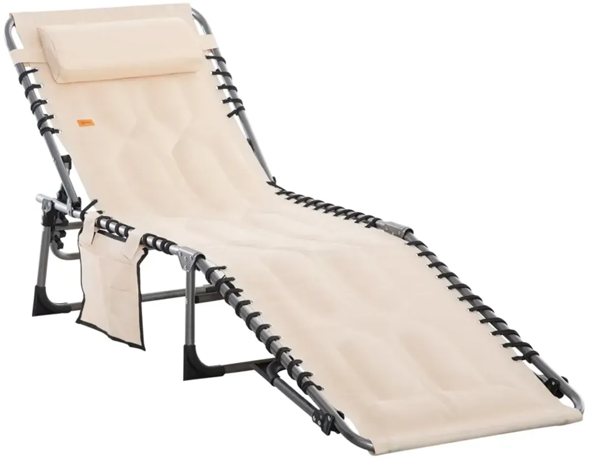 Beige Patio Recliner: Folding Padded Chair, 5-Position Backrest, Pillow, Pocket for Beach