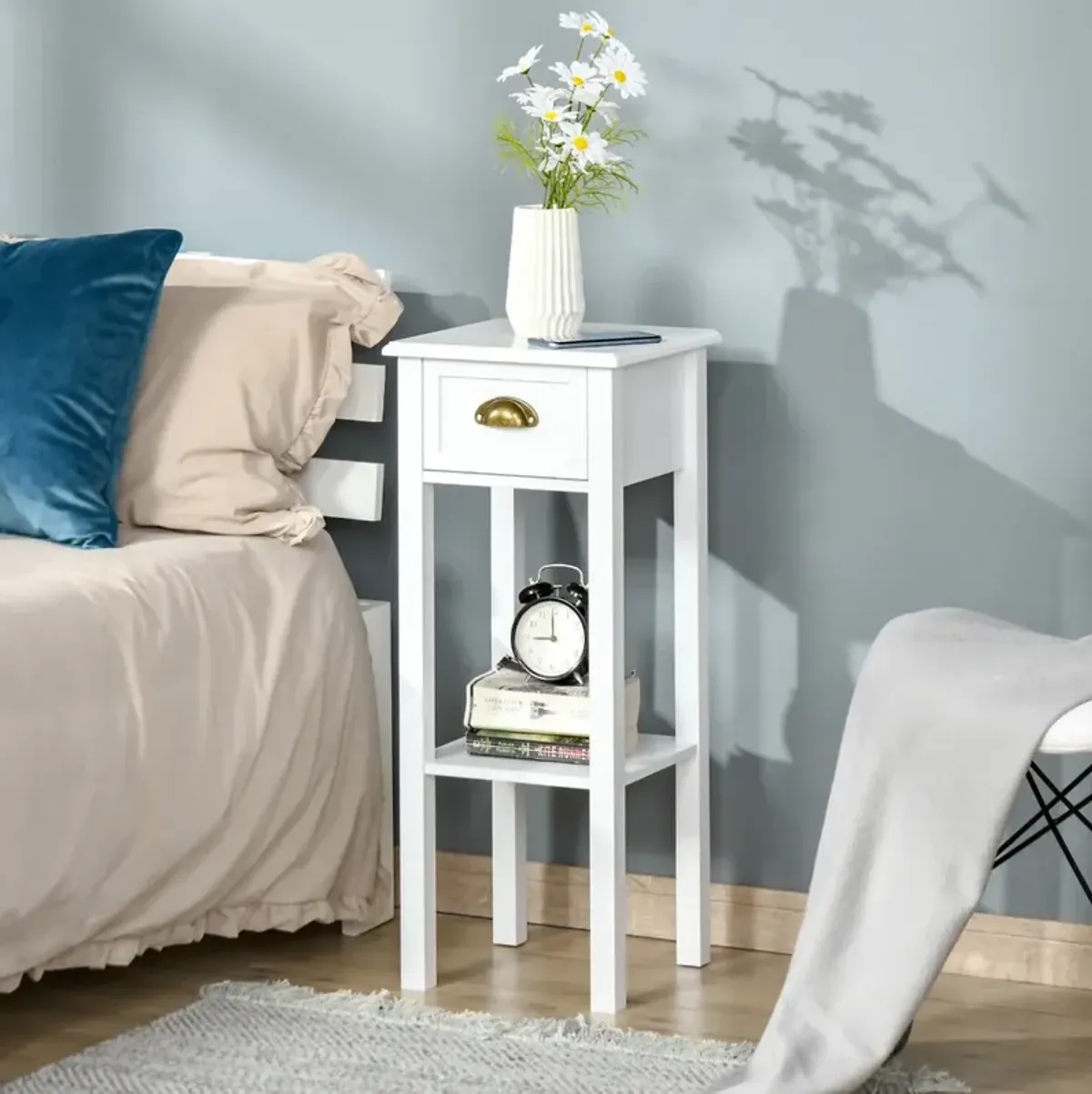 White Tall Nightstand: 2-Tier Slim Side Table with Drawer and Shelf