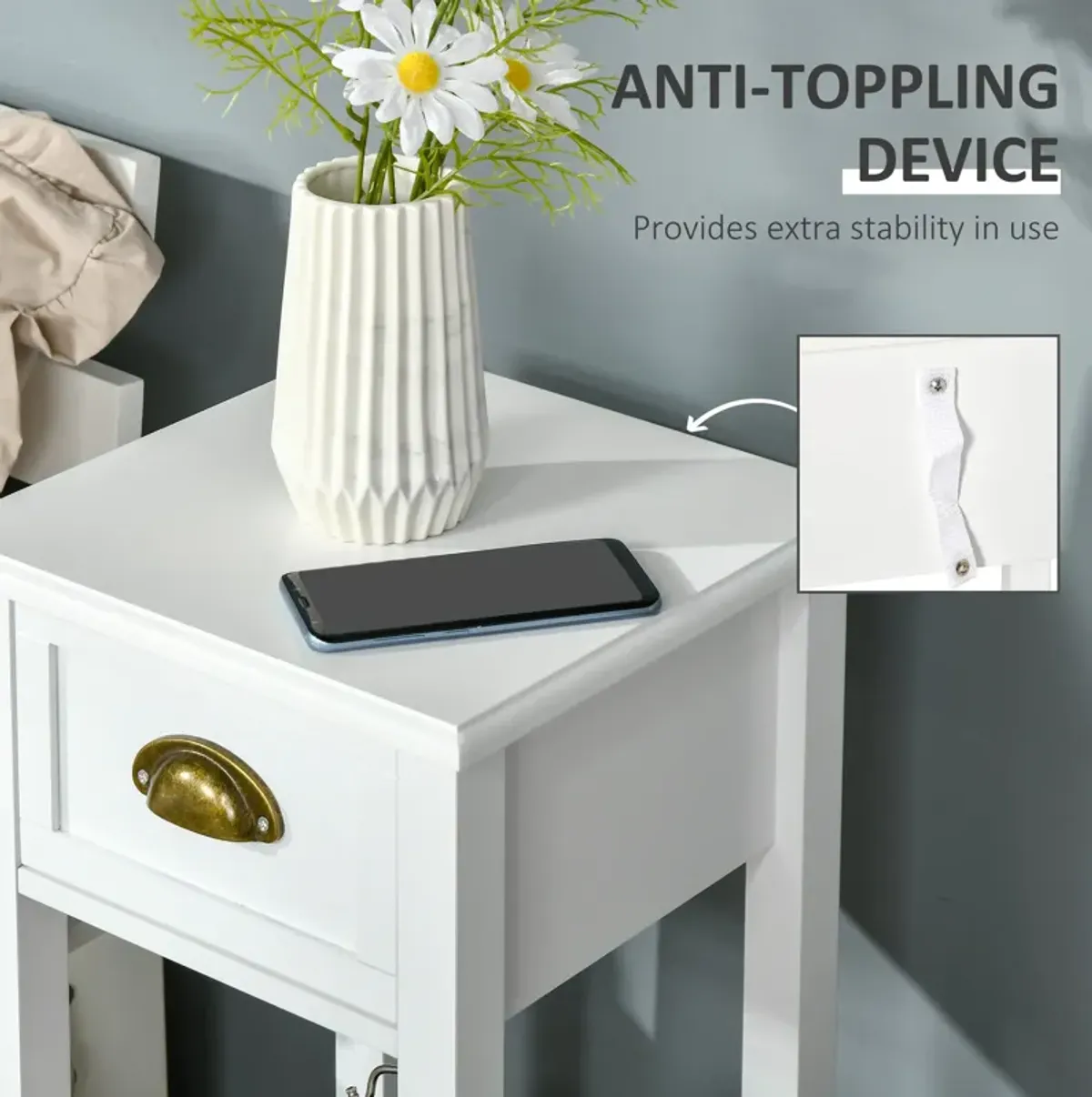 White Tall Nightstand: 2-Tier Slim Side Table with Drawer and Shelf