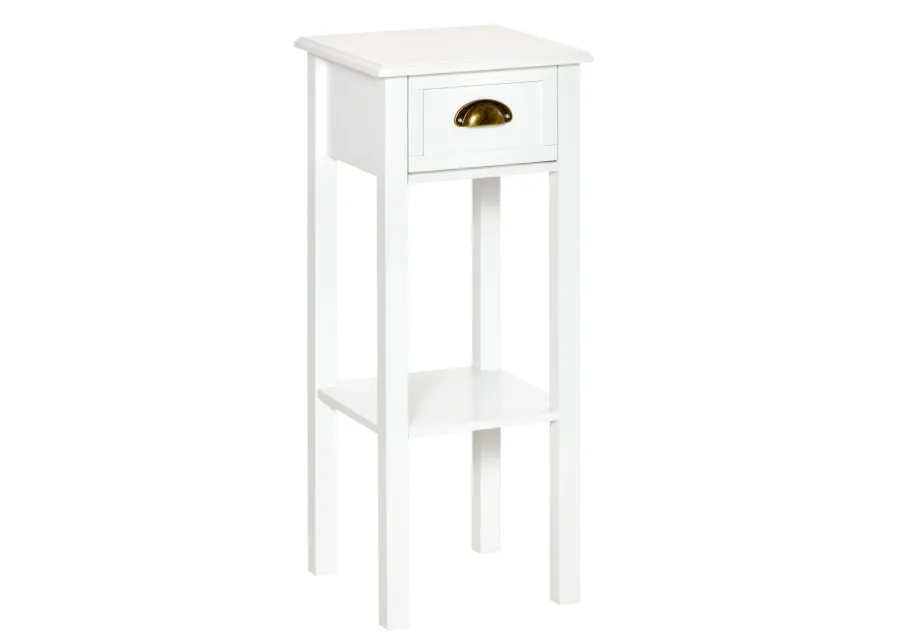 White Tall Nightstand: 2-Tier Slim Side Table with Drawer and Shelf