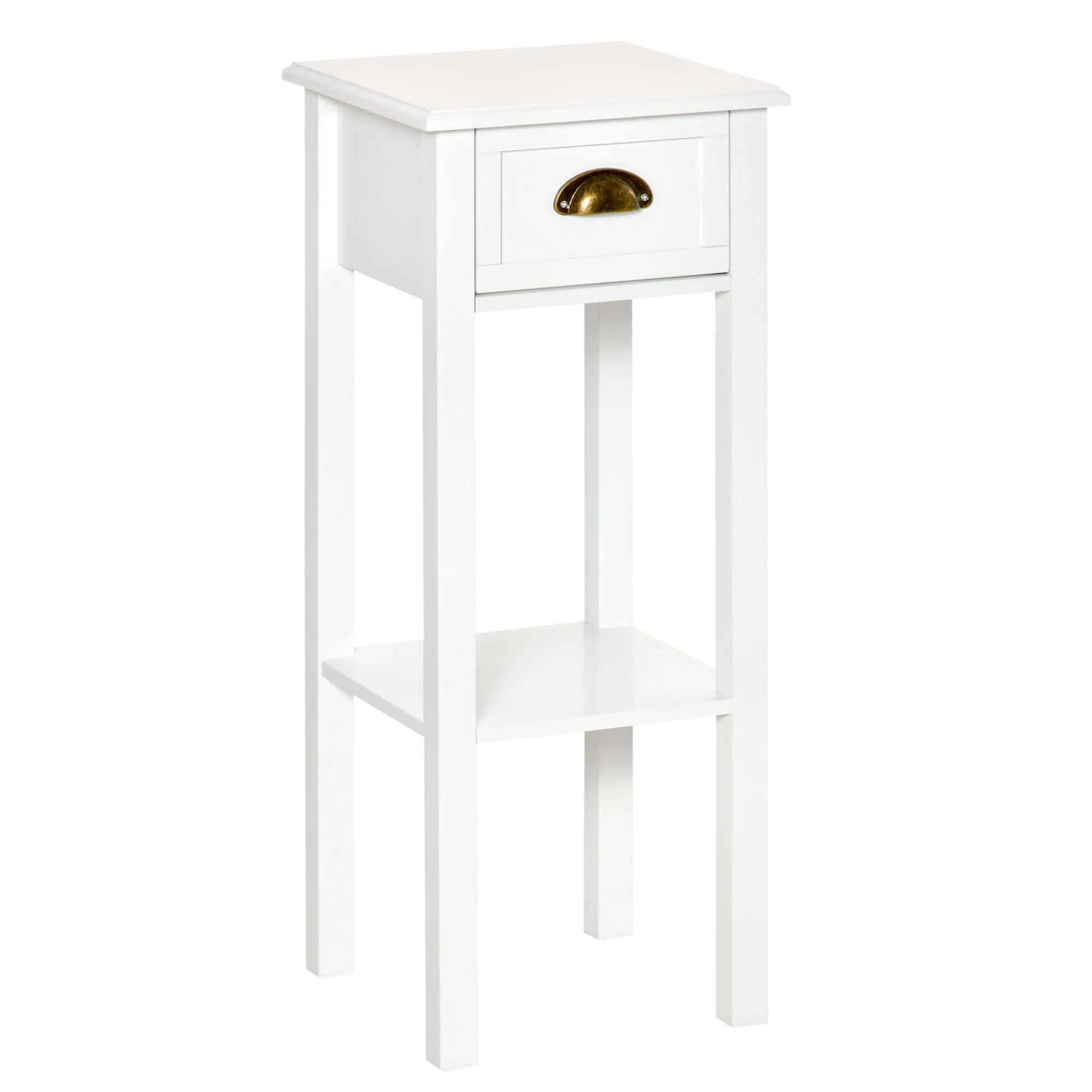 White Tall Nightstand: 2-Tier Slim Side Table with Drawer and Shelf