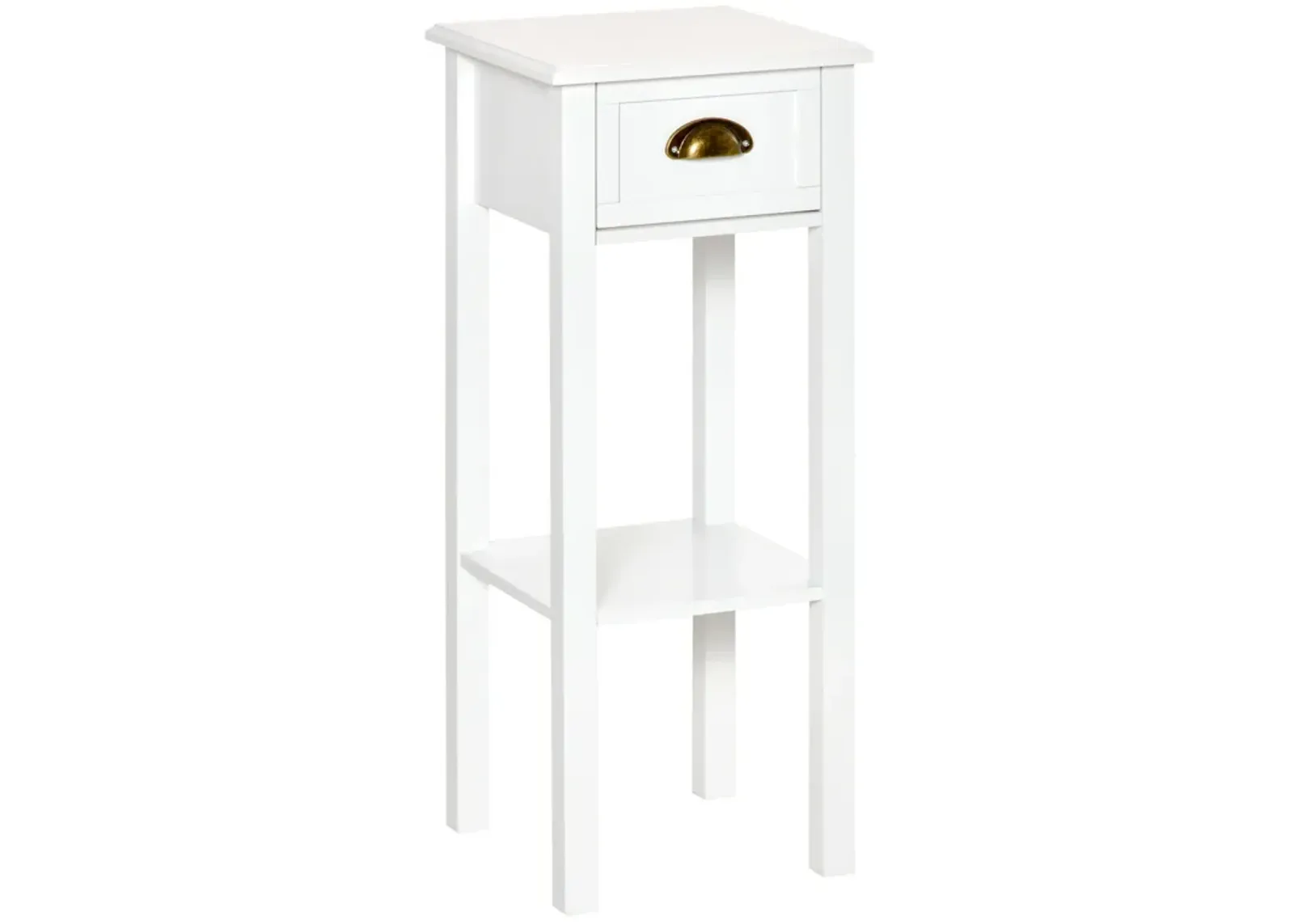 White Tall Nightstand: 2-Tier Slim Side Table with Drawer and Shelf