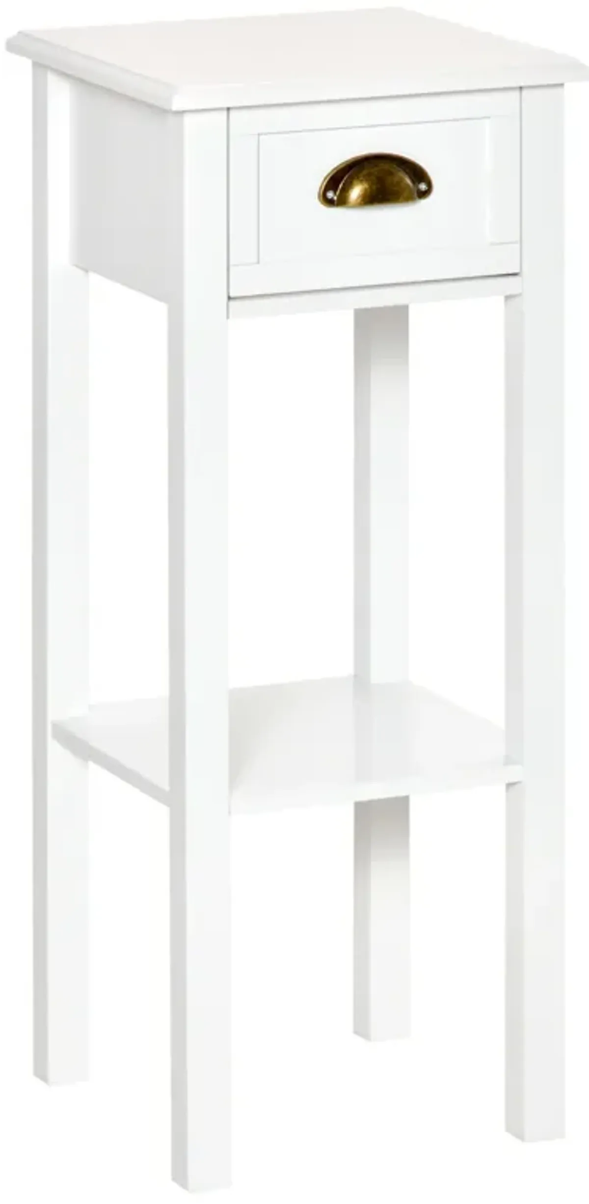 White Tall Nightstand: 2-Tier Slim Side Table with Drawer and Shelf