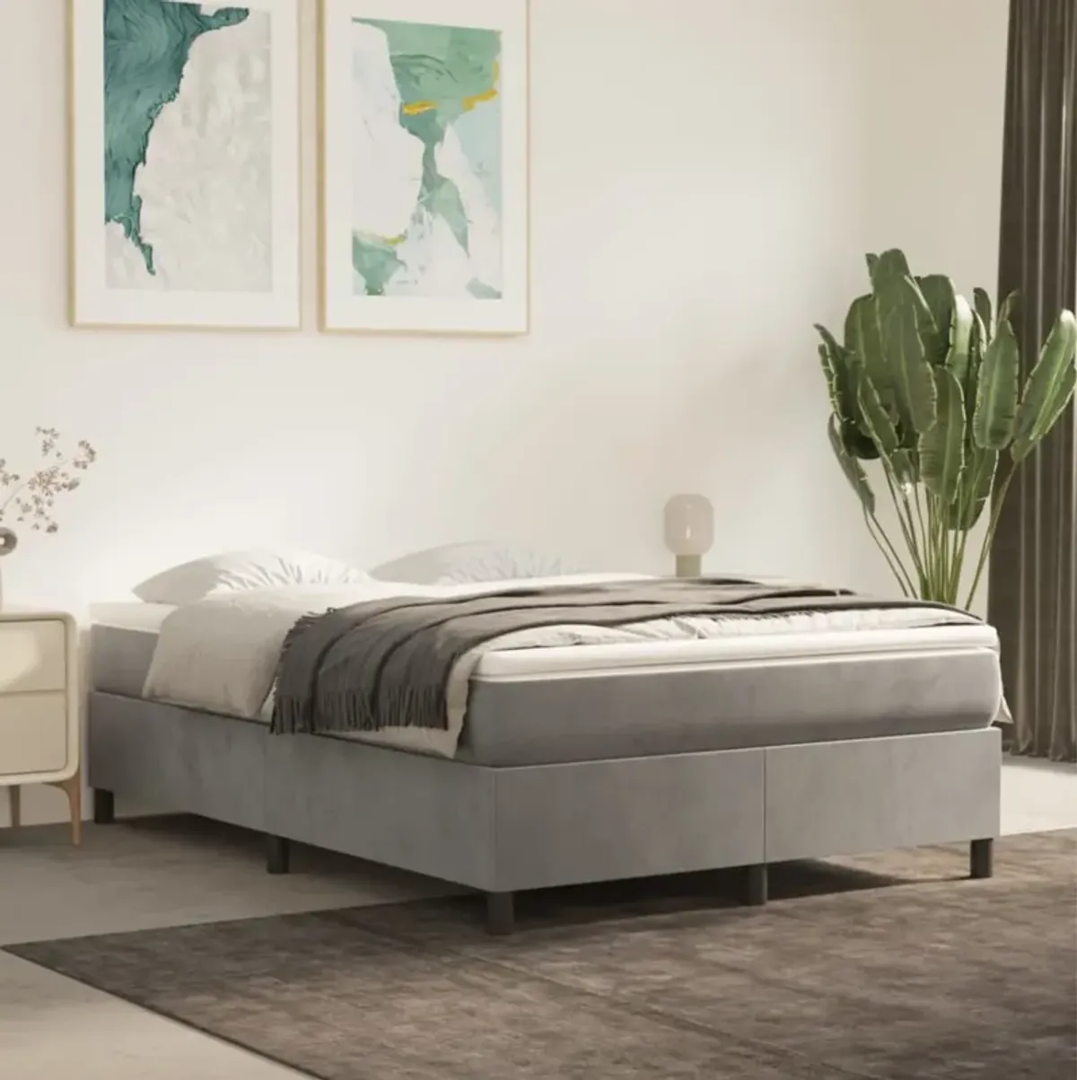 vidaXL Queen Size Box Spring Bed Frame - Light Gray Velvet Finish with Plywood and Engineered Wood - 81.1" x 59.8" x 13.8"