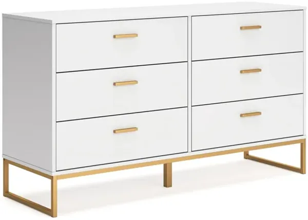 Alli Wide Dresser, 6 Drawers, Matte White Wood, Gold Metal, 59 Inch - Benzara