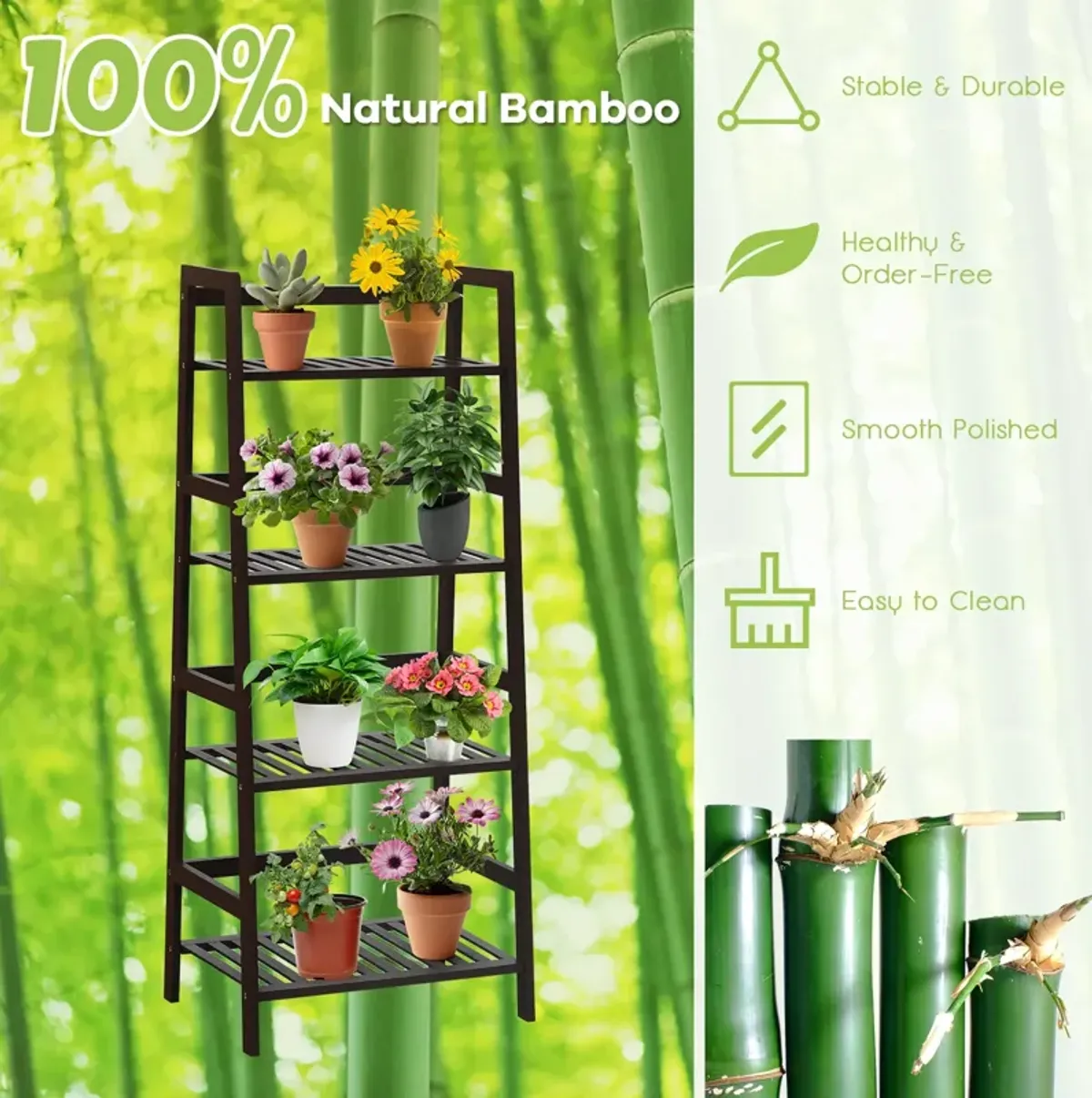 4-Tier Bamboo Plant Rack with Guardrails Stable and Space-Saving