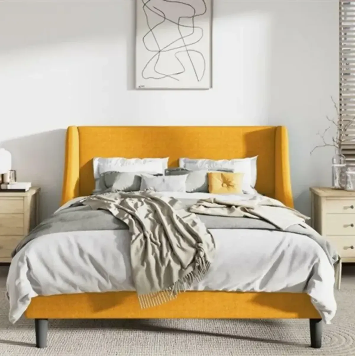 Hivvago Full Size Yellow Linen Blend Upholstered Platform Bed with Wingback Headboard