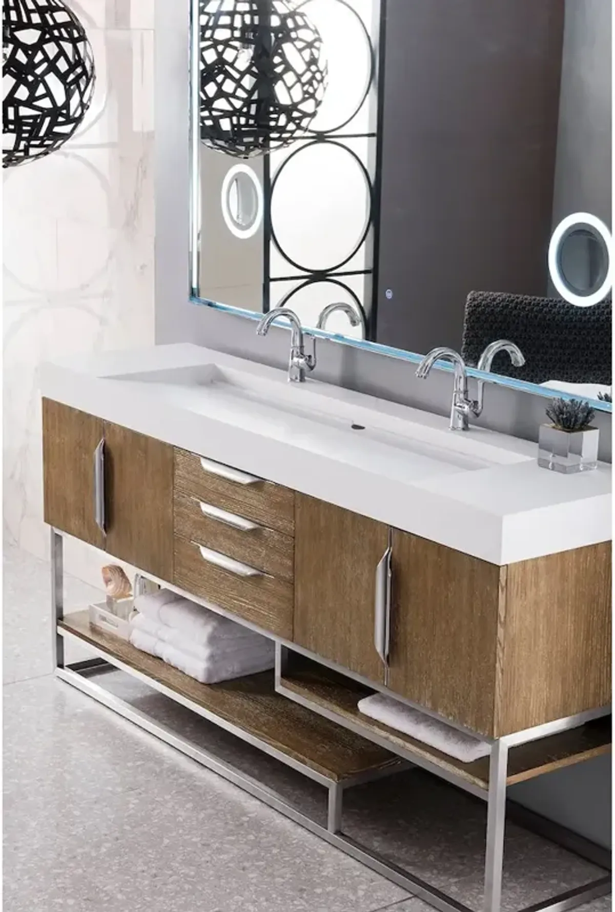 James Martin Vanities 72 Double Vanity, Latte Oak, Brushed Nickel w/ Glossy White Composite Stone Top
