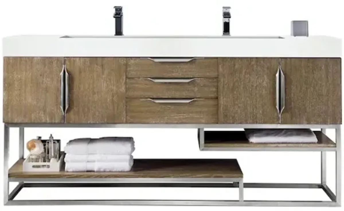 James Martin Vanities 72 Double Vanity, Latte Oak, Brushed Nickel w/ Glossy White Composite Stone Top