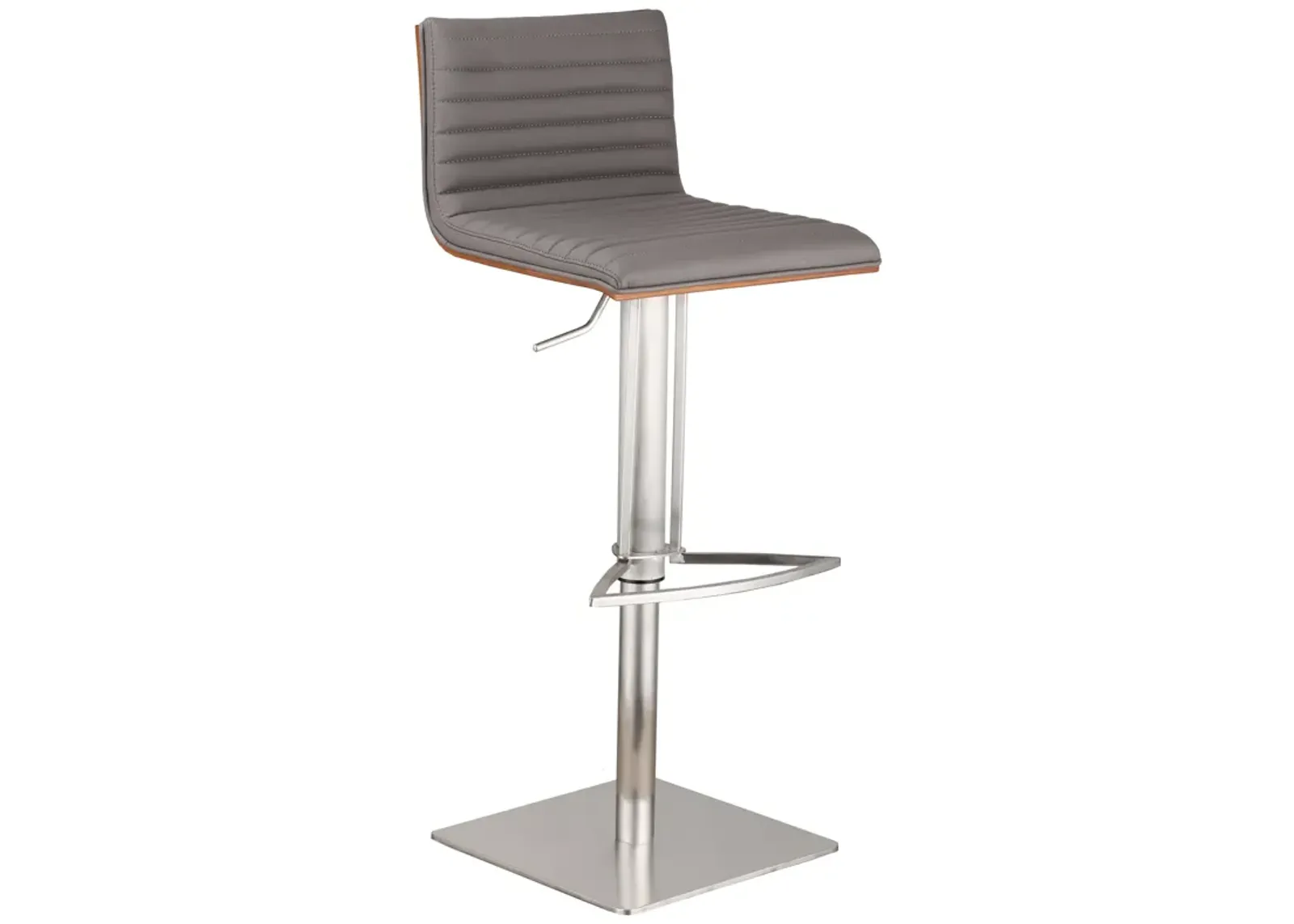 Caf� Adjustable Height Swivel Grey Faux Leather and Walnut Wood Stool with Brushed Stainless Steel Base