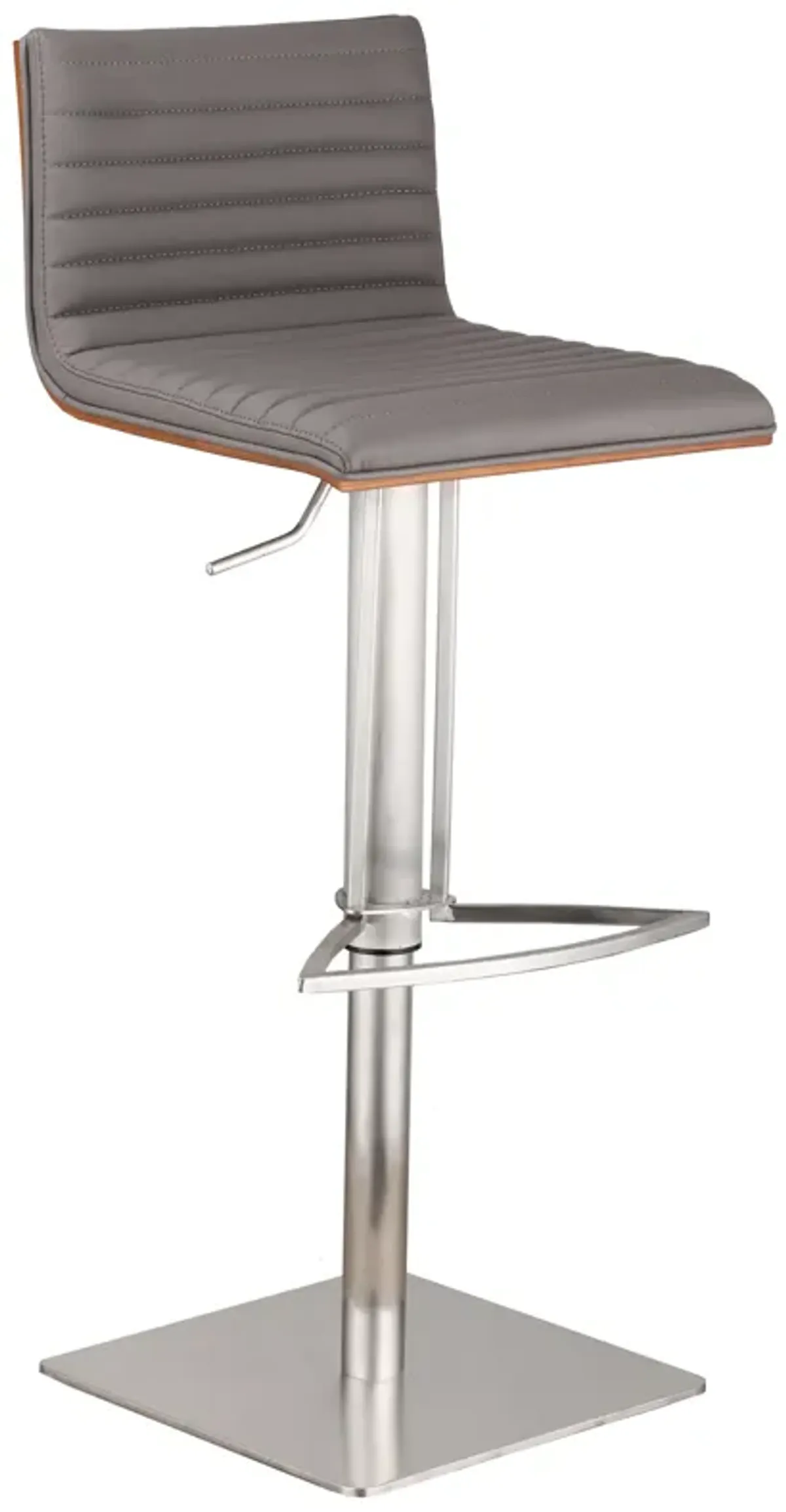 Caf� Adjustable Height Swivel Grey Faux Leather and Walnut Wood Stool with Brushed Stainless Steel Base