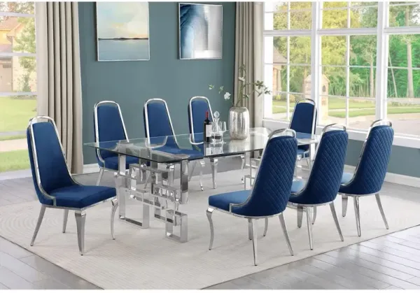 9-piece glam dining set with 8 Navy blue chairs and one 95" glass dining table