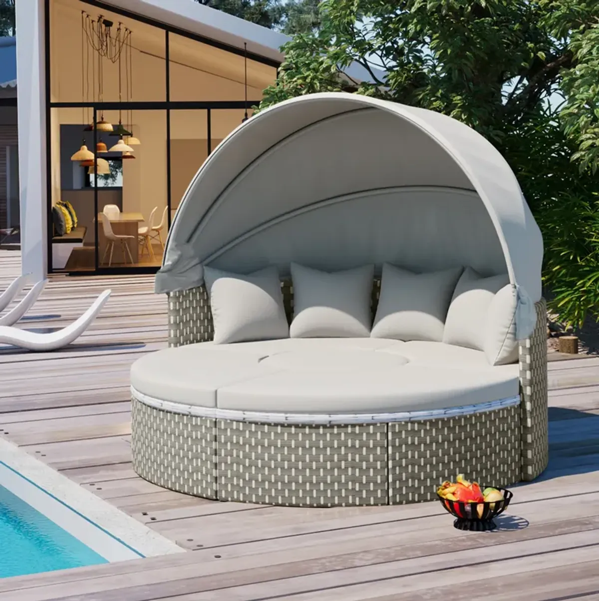 Merax Luxury Round Outdoor Sectional Sofa Set Rattan Daybed