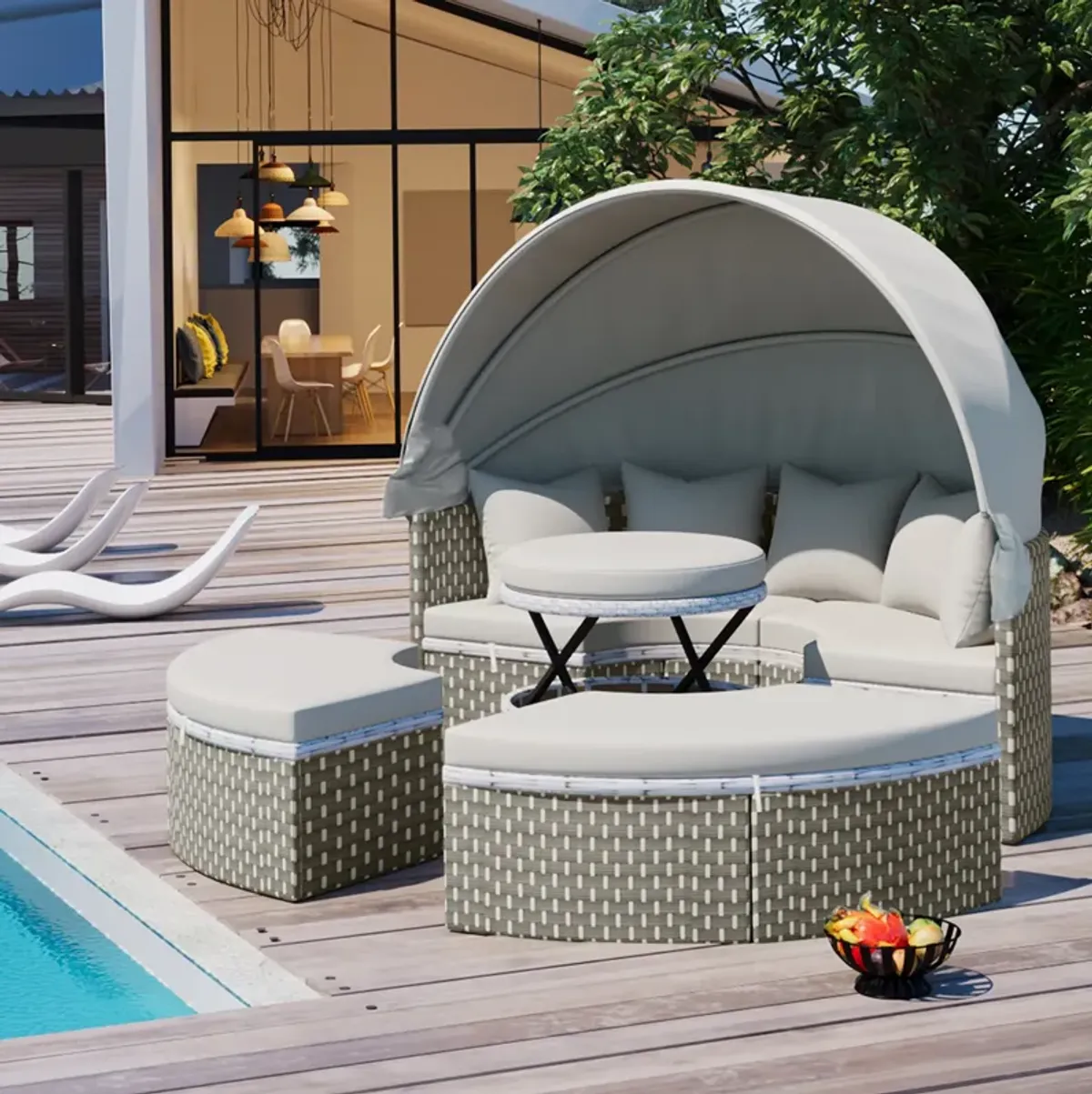 Merax Luxury Round Outdoor Sectional Sofa Set Rattan Daybed