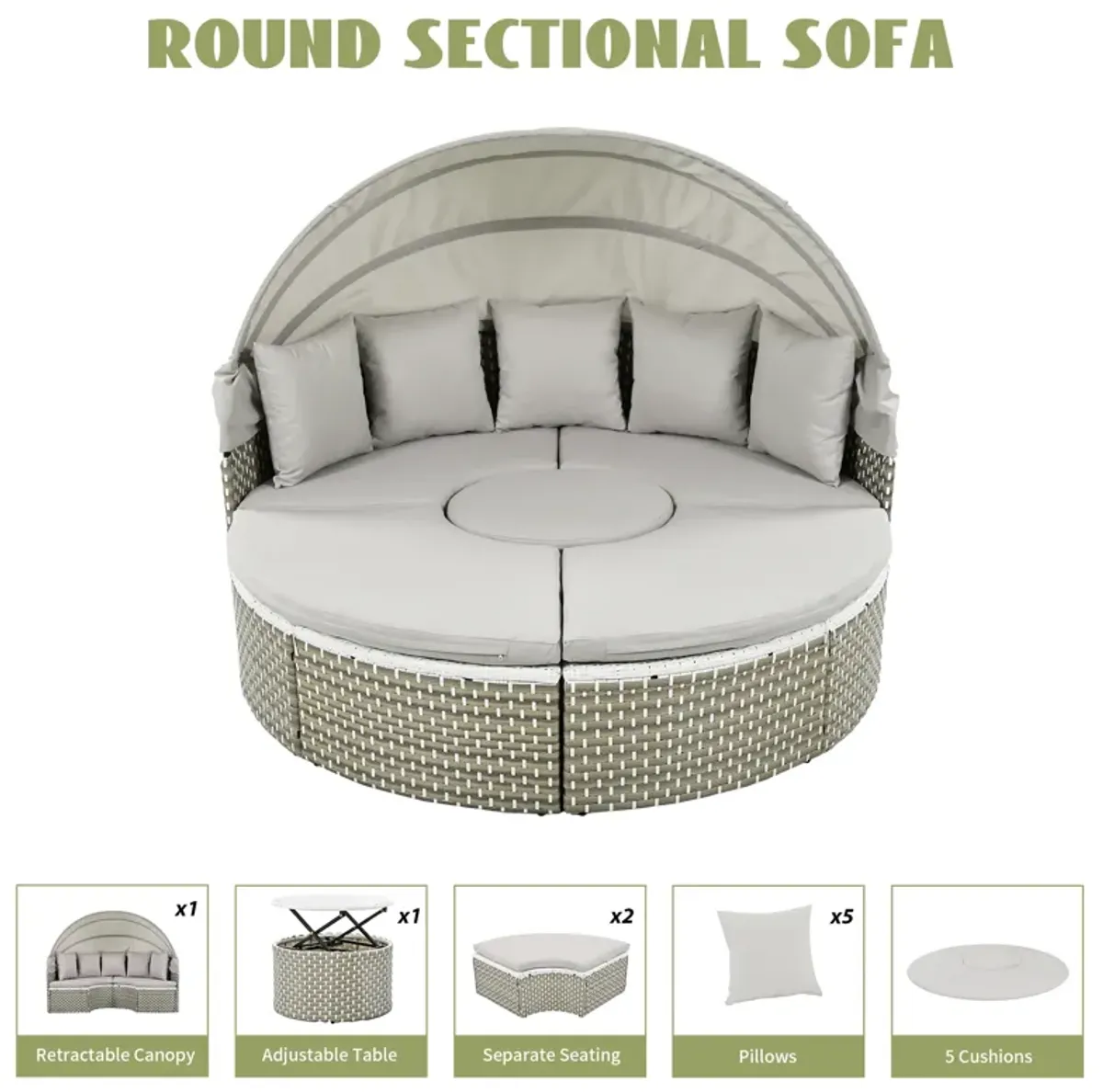 Merax Luxury Round Outdoor Sectional Sofa Set Rattan Daybed