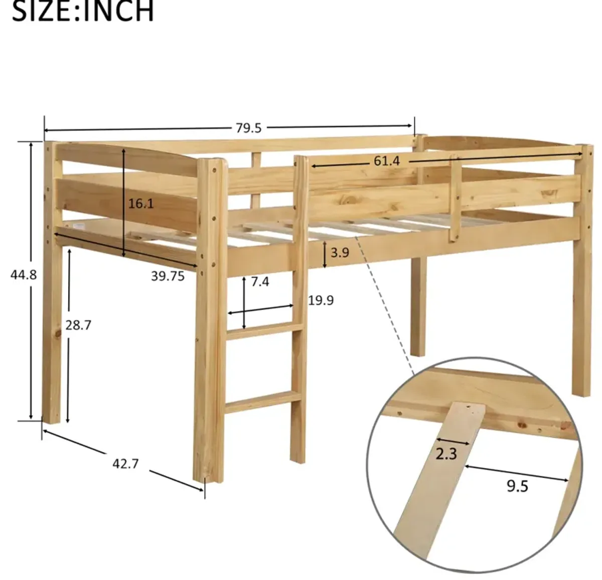 Twin Wood Loft Bed Low Loft Beds with Ladder, Twin