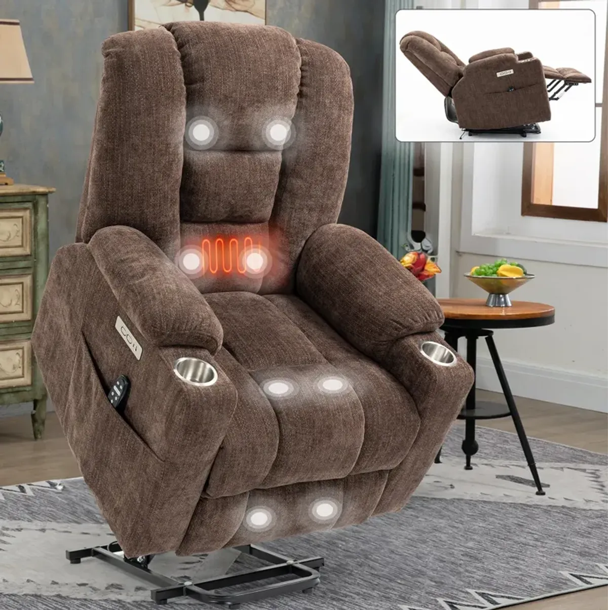 Mondawe Large Power Lift Recliner Chair with Massage and Heat for Elderly, Overstuffed Wide Recliners with USB and Type C Ports