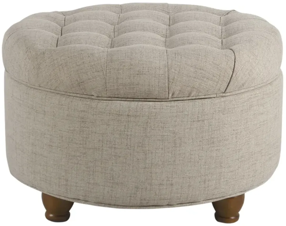 Fabric Upholstered Wooden Ottoman with Tufted Lift Off Lid Storage, Beige - Benzara