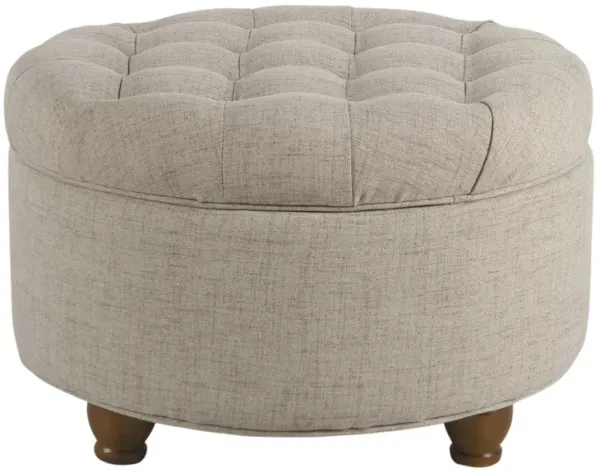 Fabric Upholstered Wooden Ottoman with Tufted Lift Off Lid Storage, Beige - Benzara