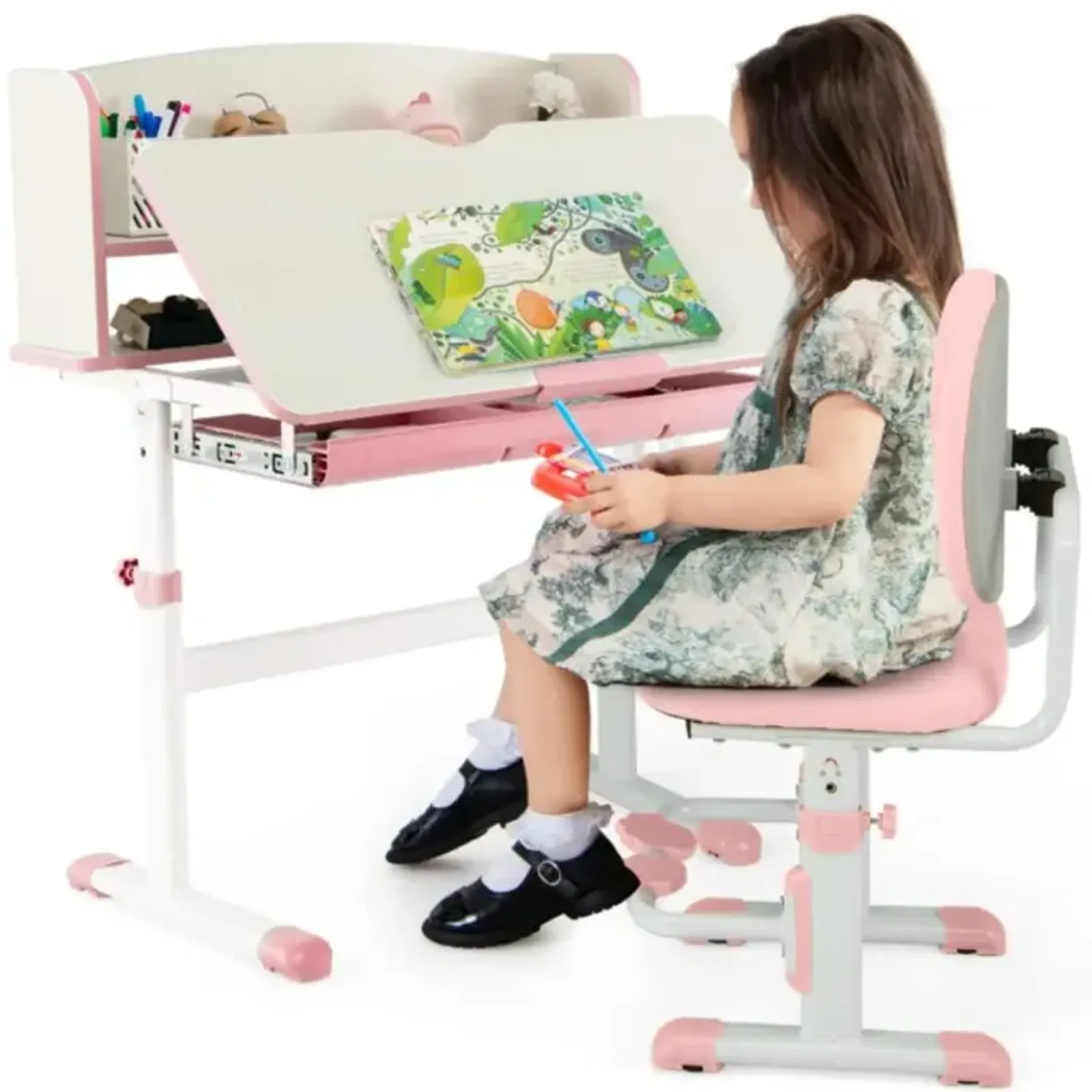 Hivvago Kids Desk and Chair Set with Adjustable Height and Tilted Desktop