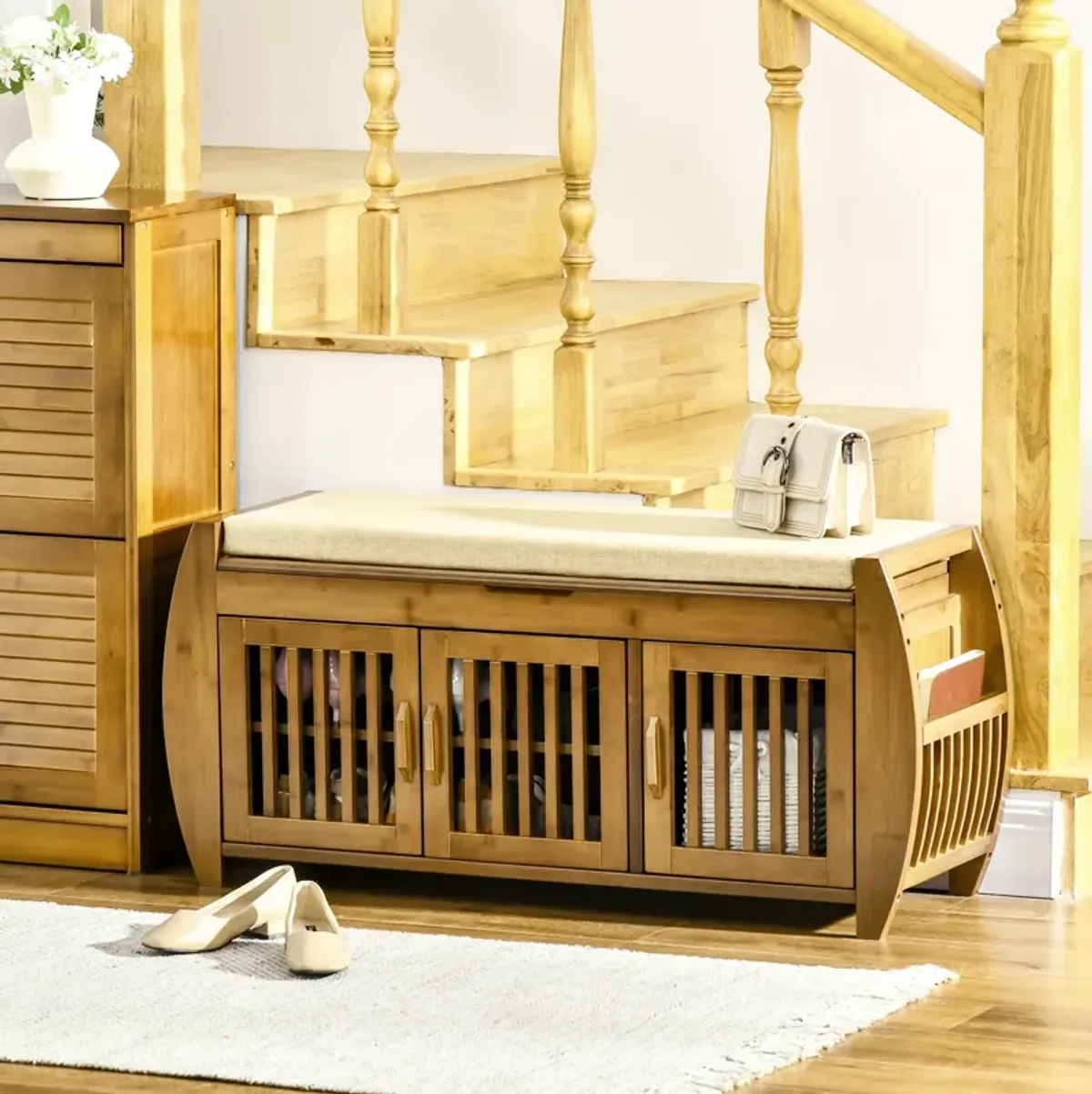 Brown Hallway Organizer: Bamboo Shoe Bench with Storage & Cushion