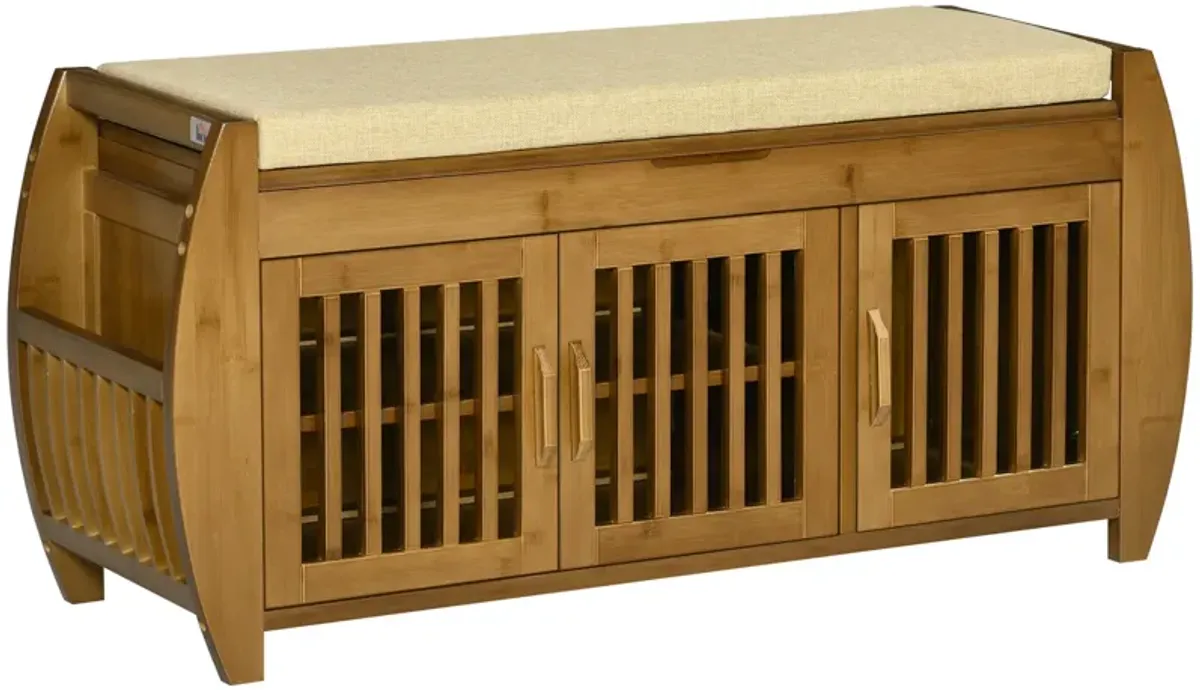 Brown Hallway Organizer: Bamboo Shoe Bench with Storage & Cushion