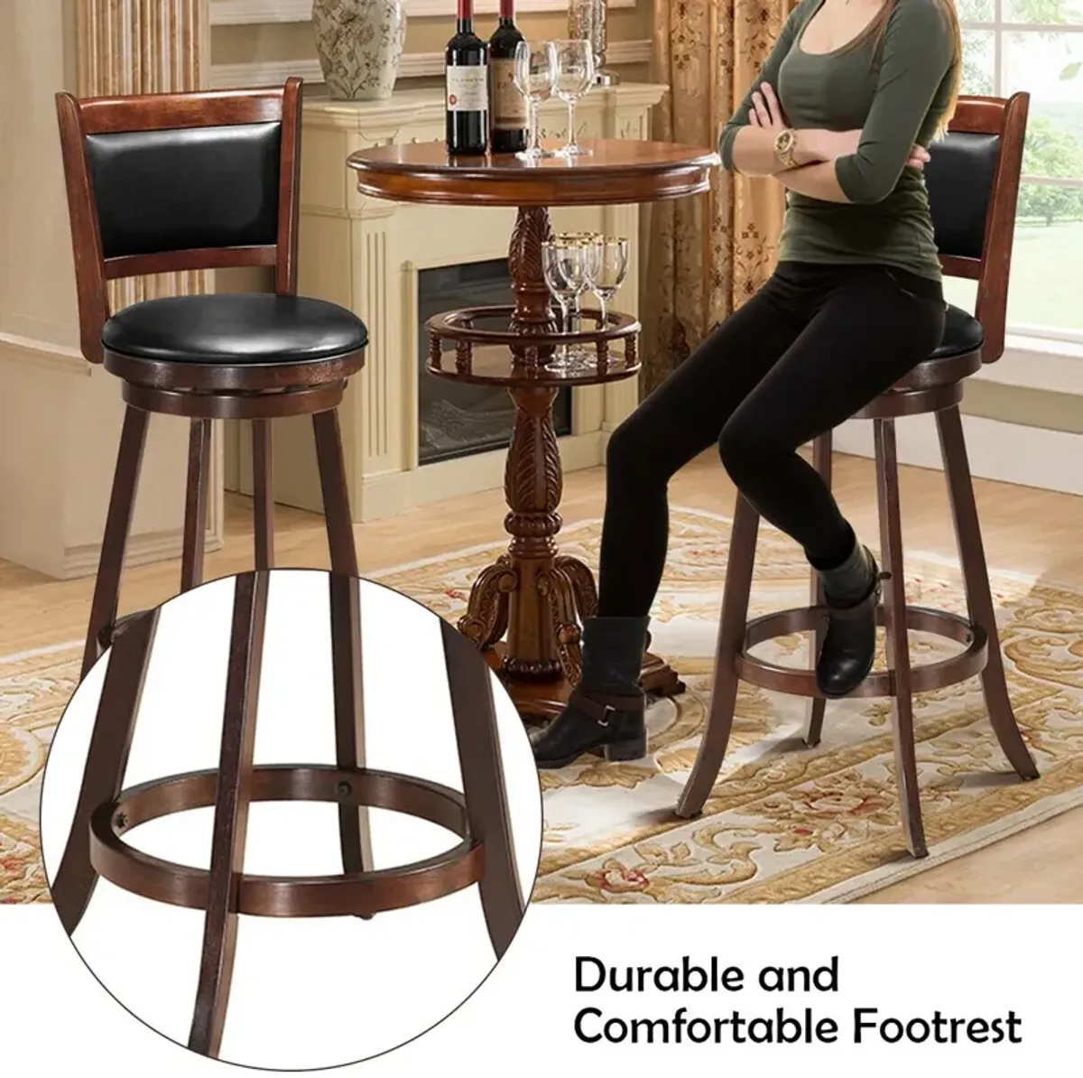 29 Inch Swivel Bar Height Stool Wooden Upholstered Dining Chair