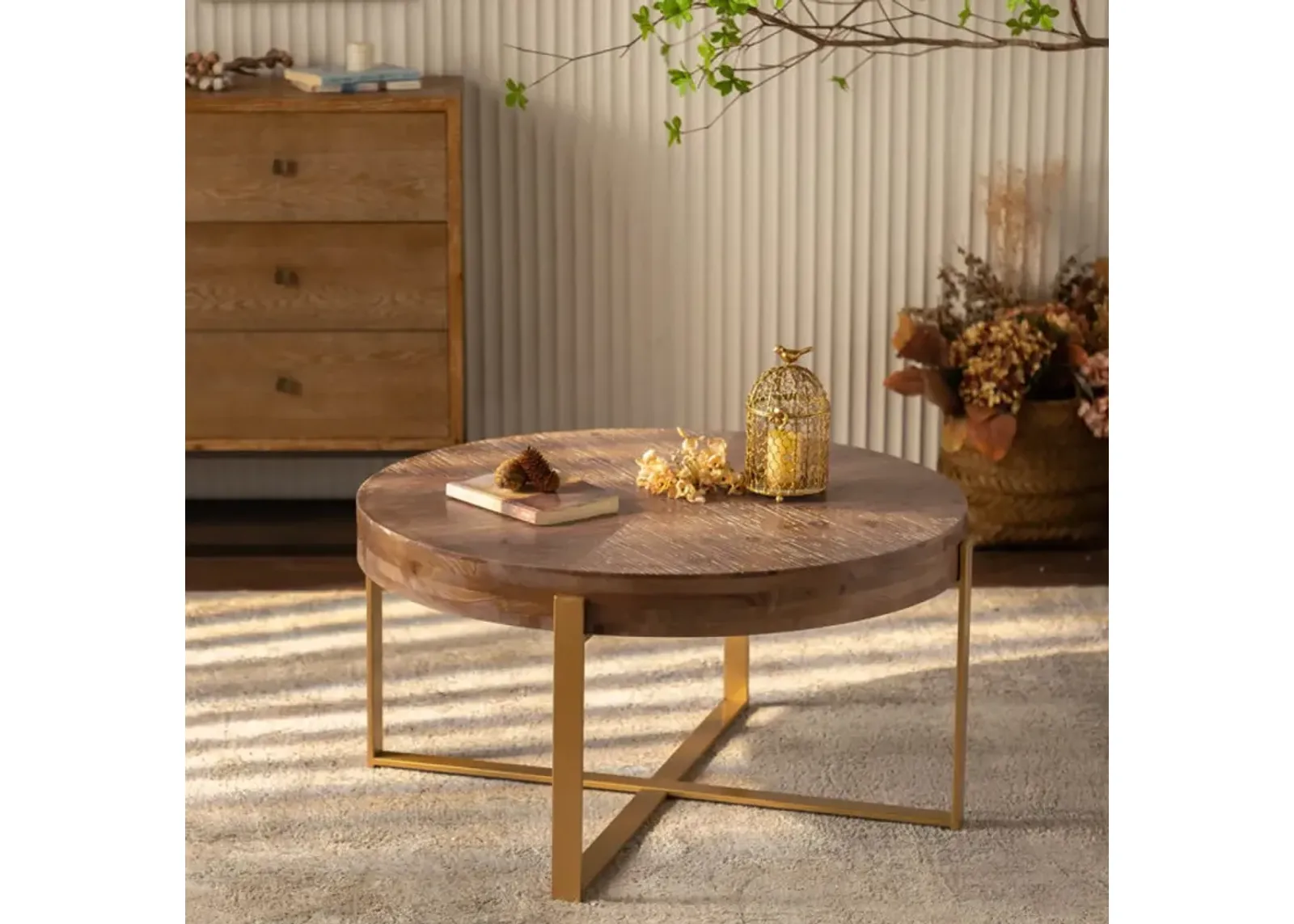 33.86"Modern Retro Splicing Round Coffee Table, Fir Wood Table Top With Gold Cross Legs Base