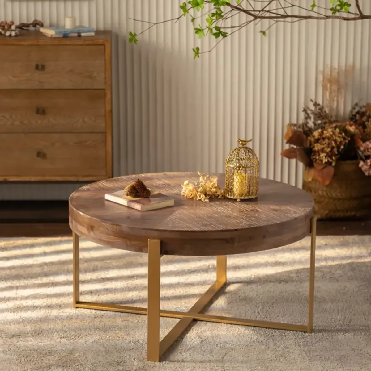 33.86"Modern Retro Splicing Round Coffee Table, Fir Wood Table Top With Gold Cross Legs Base