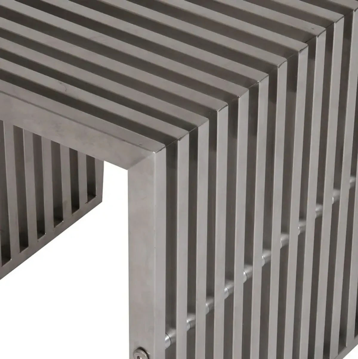 Meza 17 Inch Accent Stool, Waterfall Silver Slatted Panel Frame - Benzara