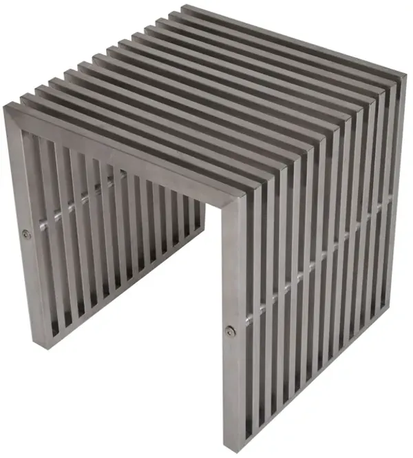 Meza 17 Inch Accent Stool, Waterfall Silver Slatted Panel Frame - Benzara