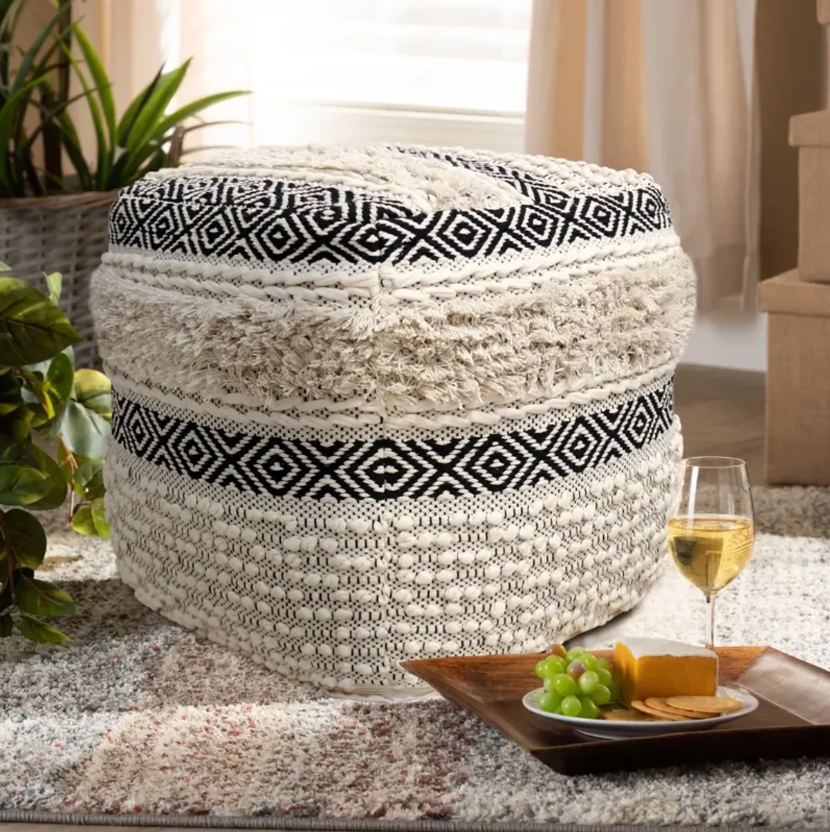 Pasargad Home Grandcanyon Hand Woven 100% Cotton Pouf, Ivory/Black