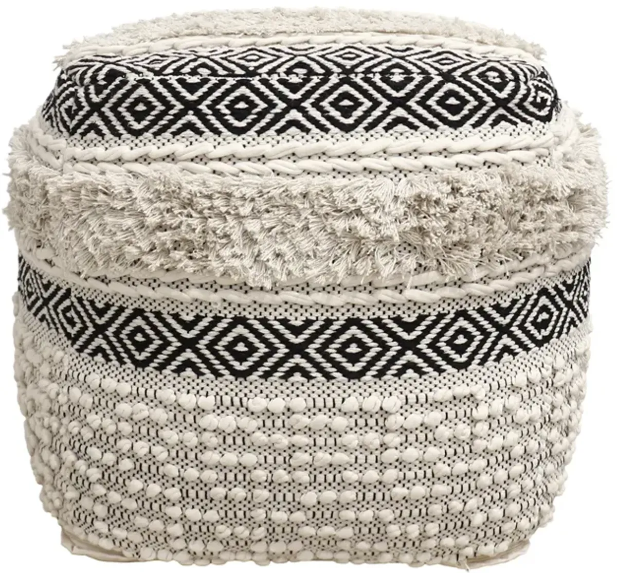 Pasargad Home Grandcanyon Hand Woven 100% Cotton Pouf, Ivory/Black