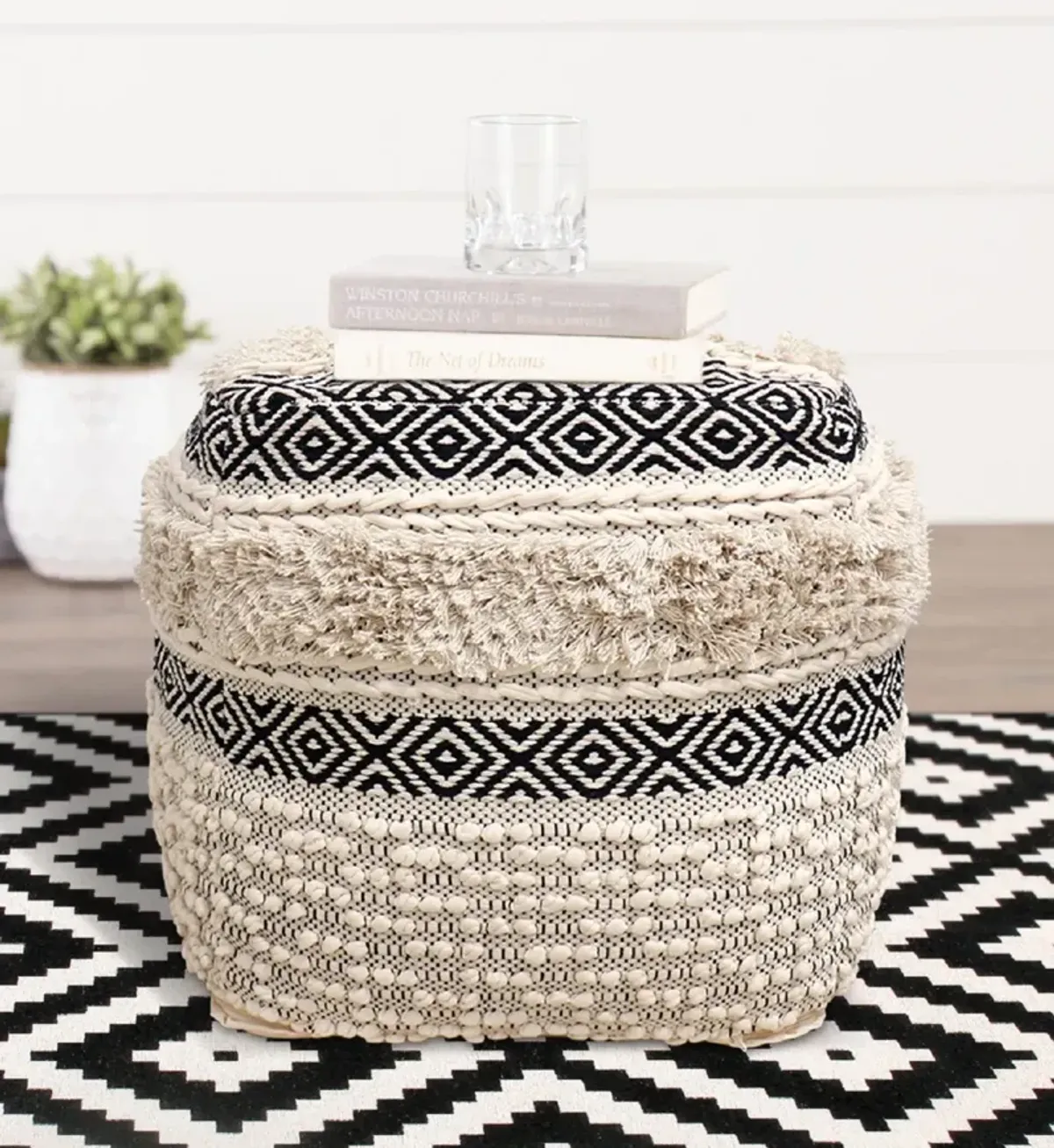 Pasargad Home Grandcanyon Hand Woven 100% Cotton Pouf, Ivory/Black