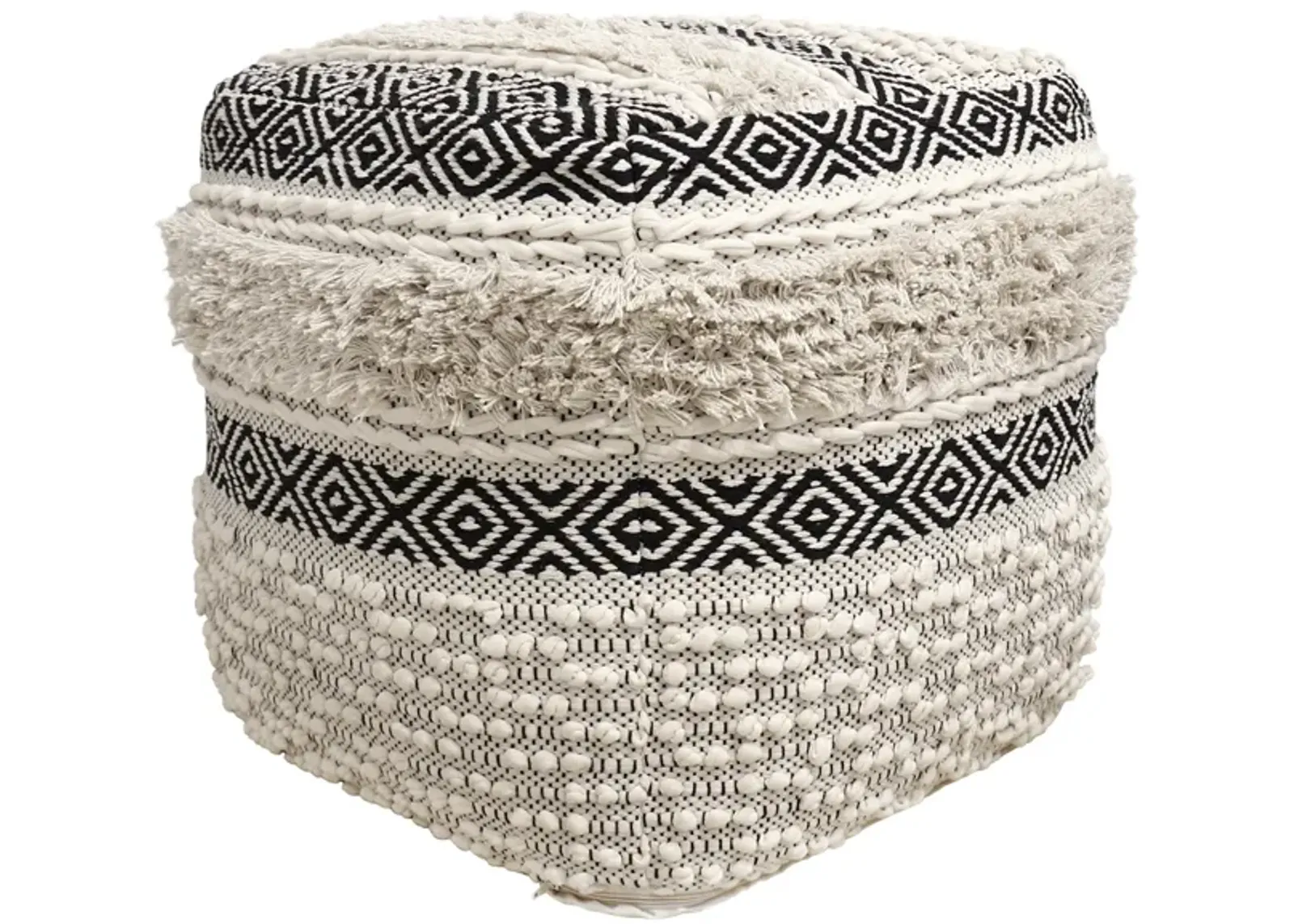 Pasargad Home Grandcanyon Hand Woven 100% Cotton Pouf, Ivory/Black