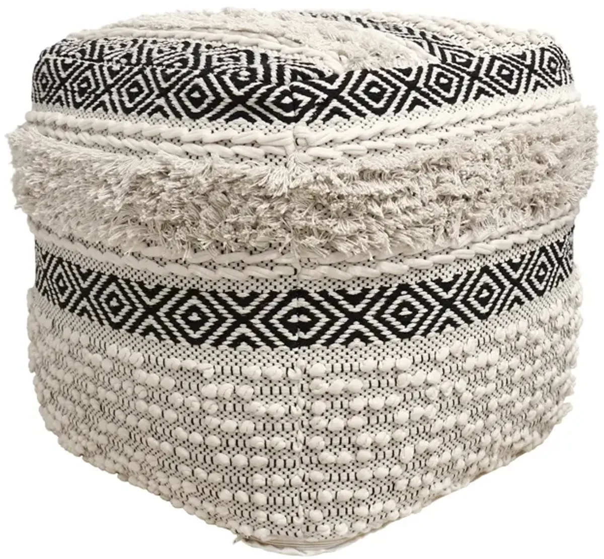 Pasargad Home Grandcanyon Hand Woven 100% Cotton Pouf, Ivory/Black