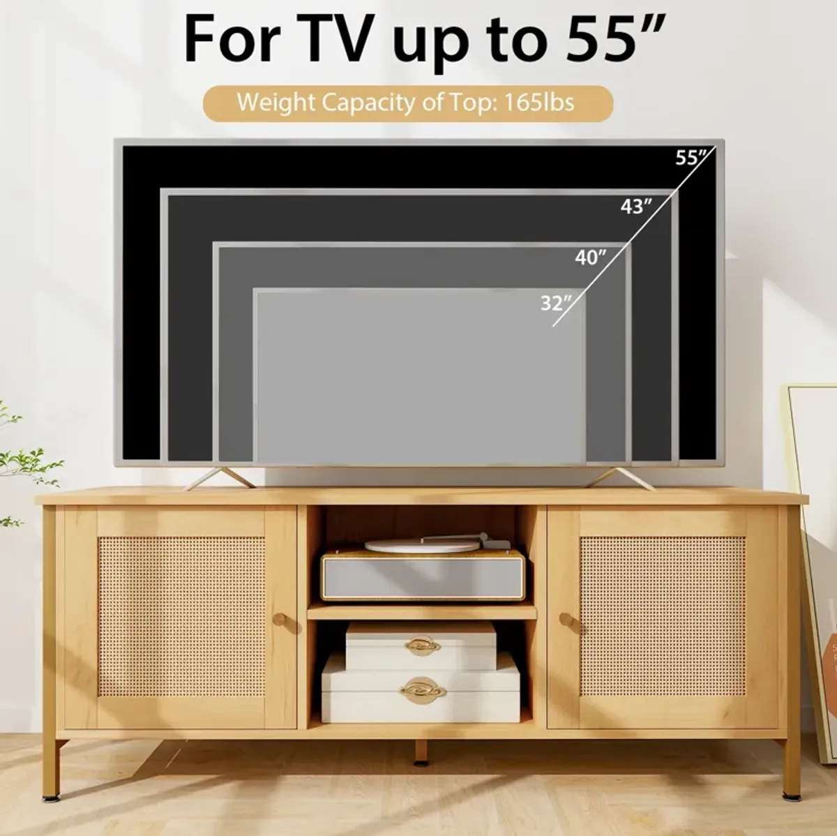 Boho TV Stand for TV up to 55 Inches with Faux Rattan Door-Natural