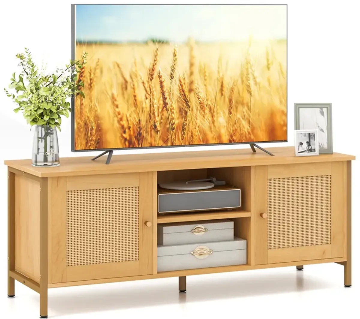 Boho TV Stand for TV up to 55 Inches with Faux Rattan Door-Natural