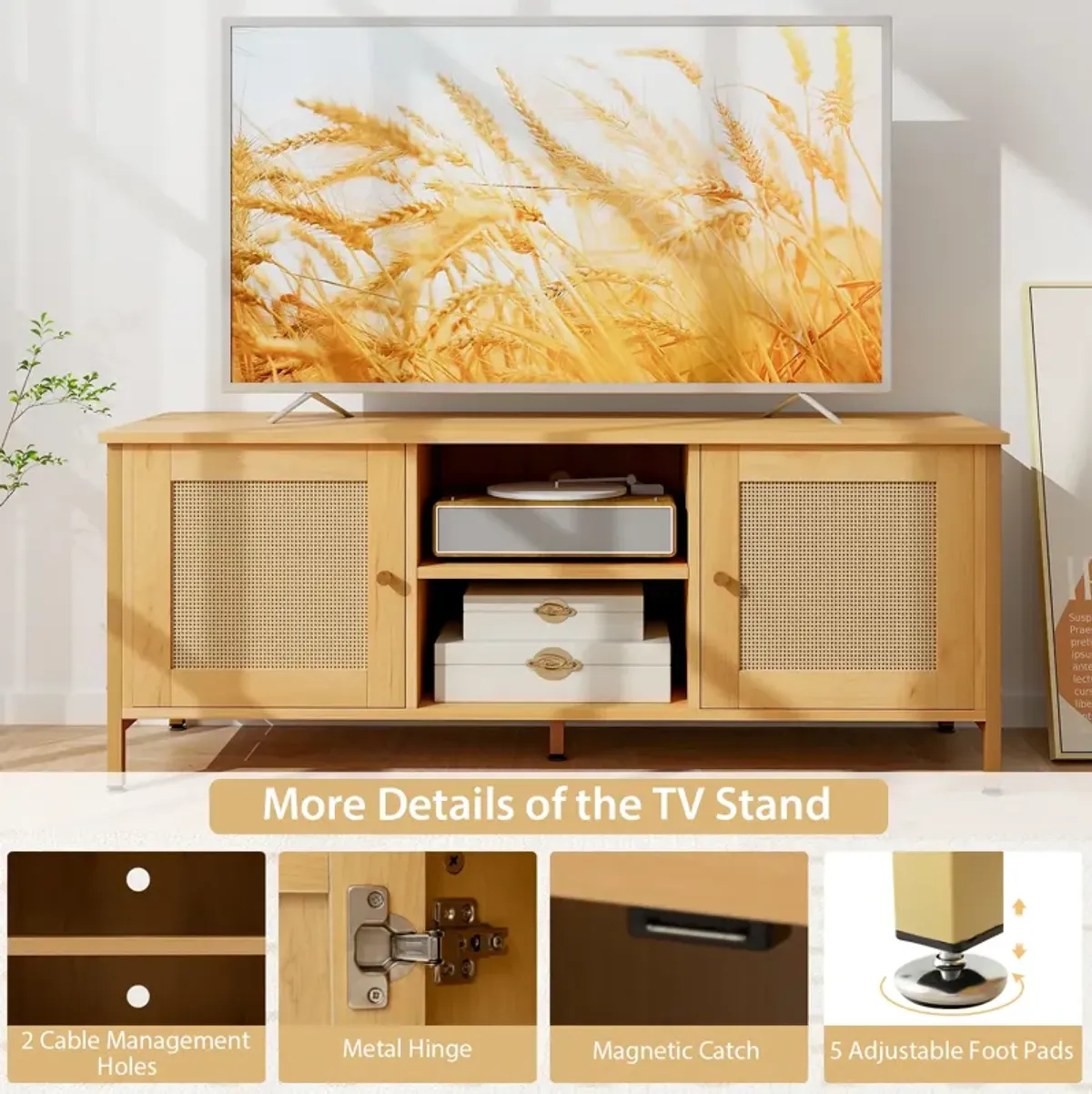 Boho TV Stand for TV up to 55 Inches with Faux Rattan Door-Natural