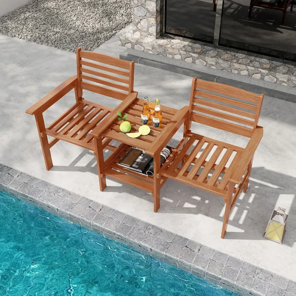 Outdoor Patio 2-Seat Wood Conversation Set with Coffee Table and Umbrella Hole