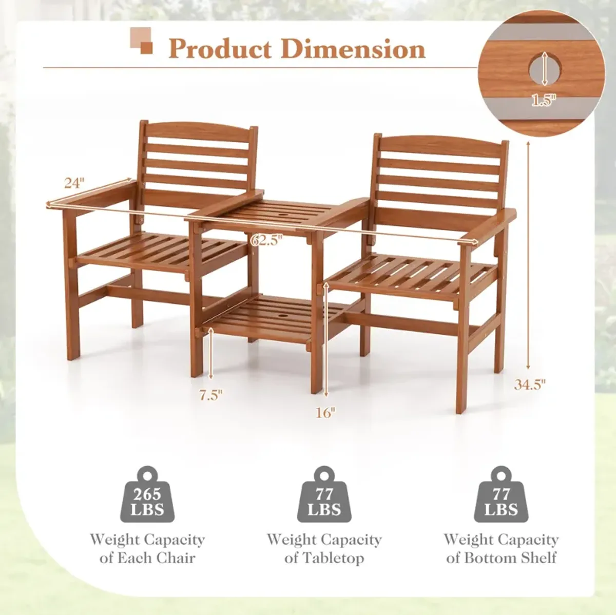 Outdoor Patio 2-Seat Wood Conversation Set with Coffee Table and Umbrella Hole