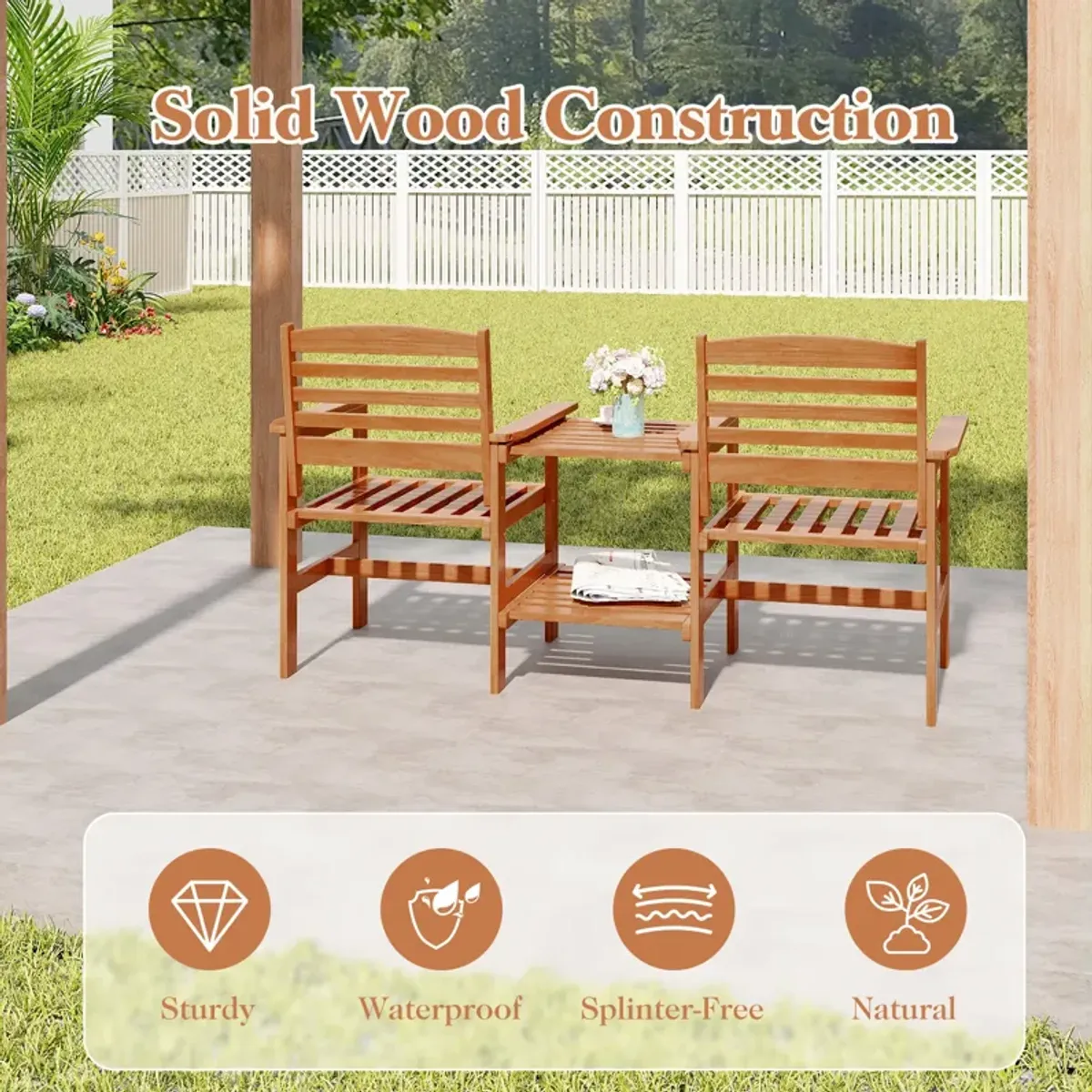 Outdoor Patio 2-Seat Wood Conversation Set with Coffee Table and Umbrella Hole