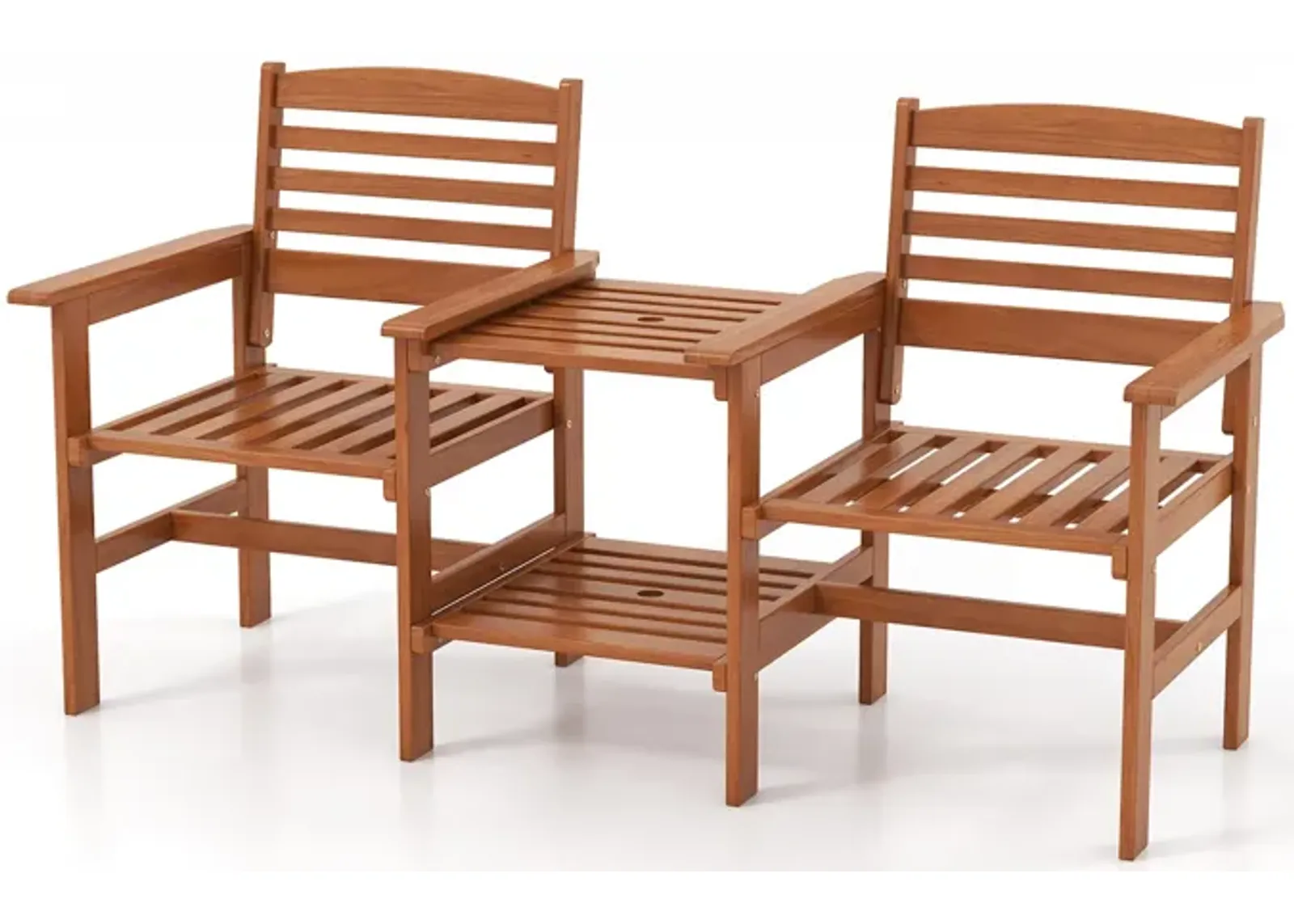 Outdoor Patio 2-Seat Wood Conversation Set with Coffee Table and Umbrella Hole