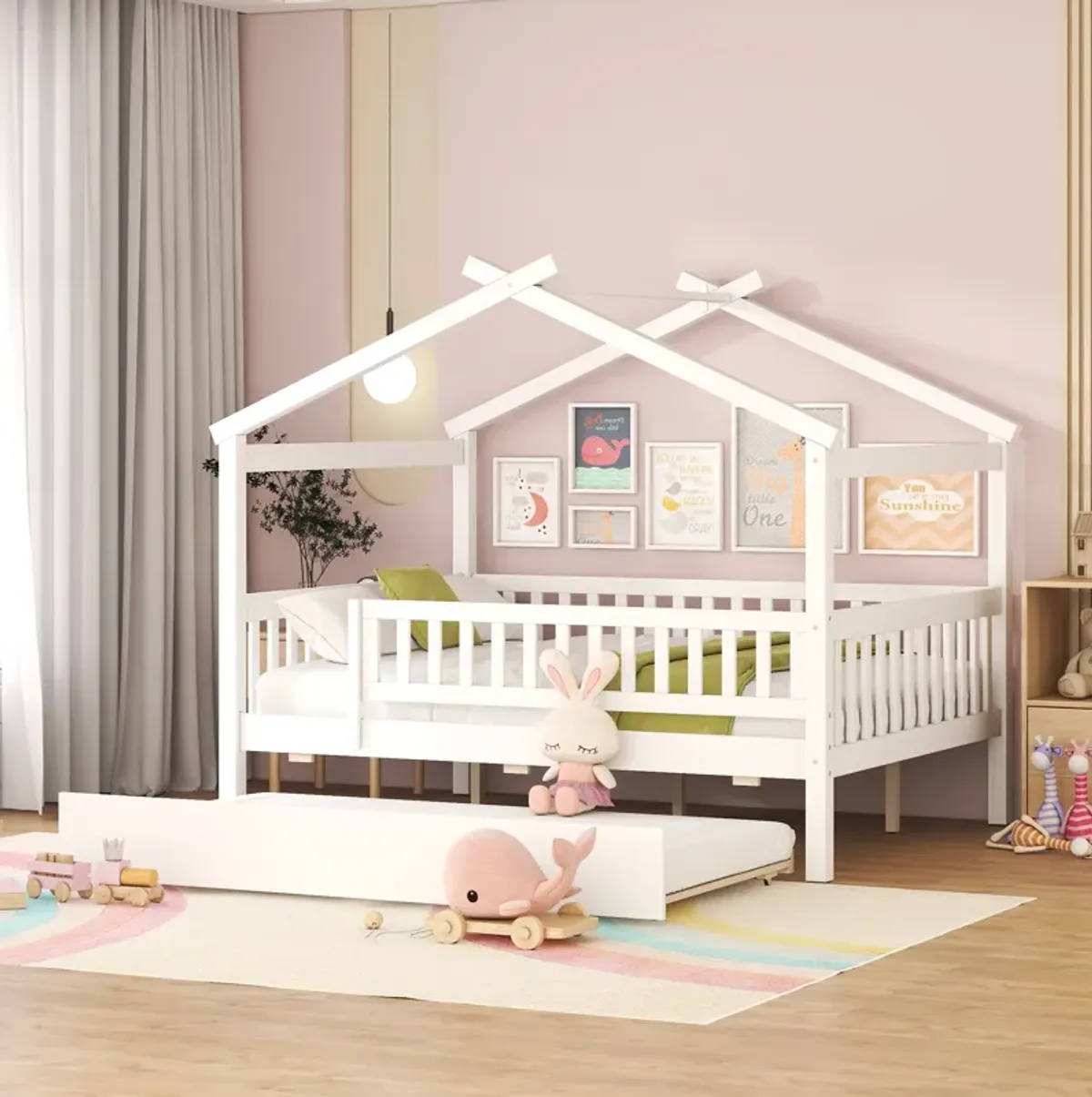 Merax Wooden House Bed with Twin Size Trundle