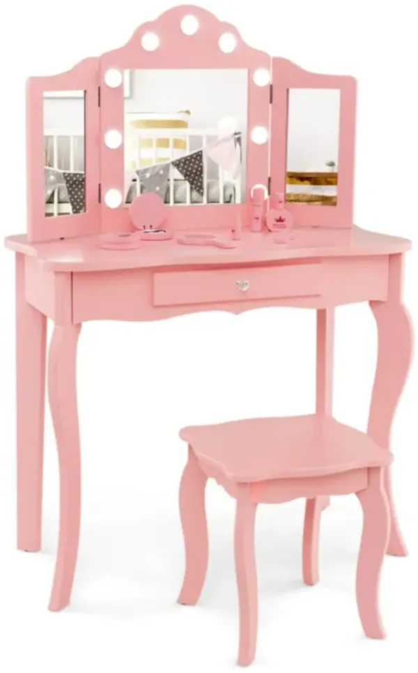 Hivvago Kid Vanity Table Stool Set with Tri-Folding Mirror and 3-Color LED Lights
