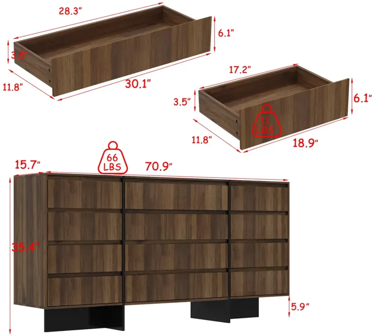 FUFU&GAGA Brown 12-Drawer Standard Dresser (70.9" W x 35.4" H x 15.7" D),Brown