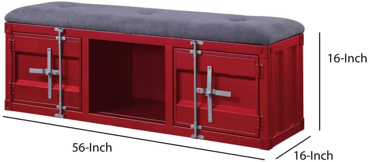 2 Metal Door Storage Bench with Open Compartment and Fabric Upholstery, Red-Benzara